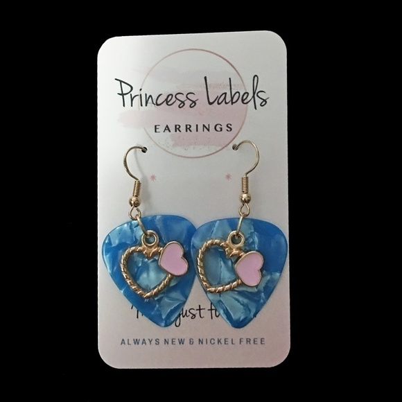 HAND Crafted Drop Earrings Repurposed Guitar Picks Hearts & Blue Skies - Picture 5 of 7